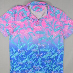 Chubbies Tiger Print Hydrofoil Performance Polo Pink Blue Golf Medium